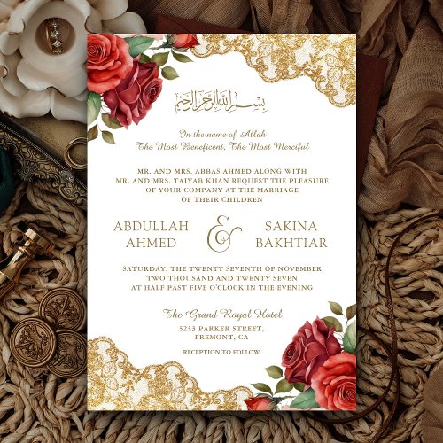 Red Roses Gold Lace QR Code Muslim Wedding Invitation