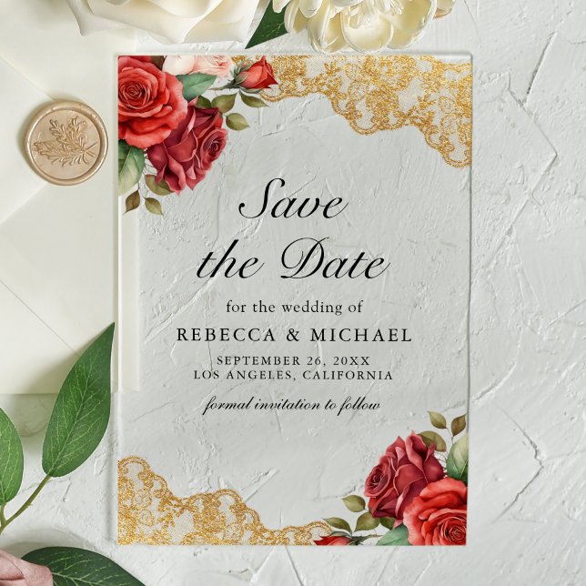 Red Roses Gold Lace Wedding Save the Date (Creator Uploaded)