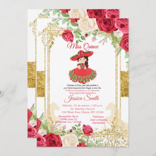 Red Roses  Gold Miss Quinceaera Mexican Invitation