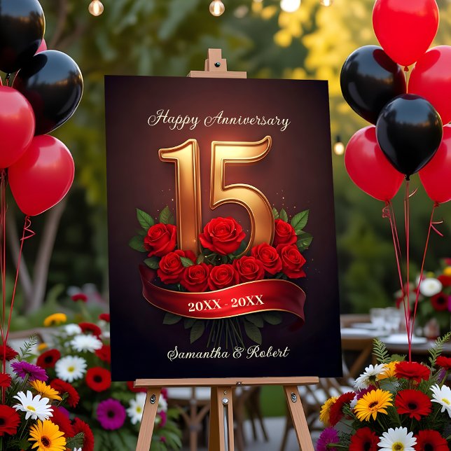 Red Roses & Gold Number 15th Wedding Anniversary Foam Board (Creator Uploaded)
