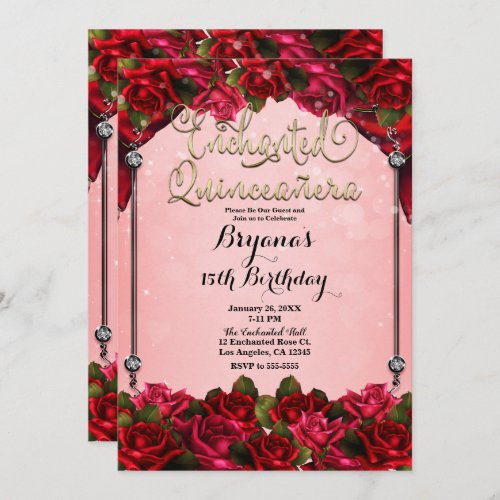 Red Roses Gold  Pink Quinceaera 15th Party Invitation