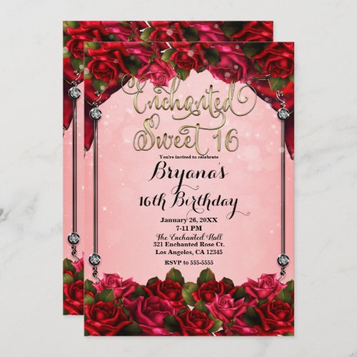 Red Roses Gold  Pink Sweet 16 16th Party  Invitation