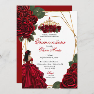 Red Roses Gold Quinceañera Invitation