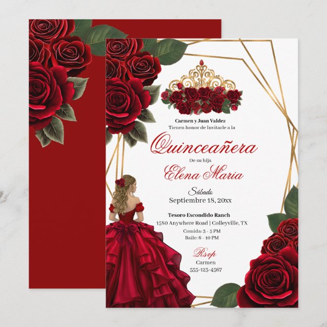 Red Roses Gold Quinceañera  Invitation (Front/Back)