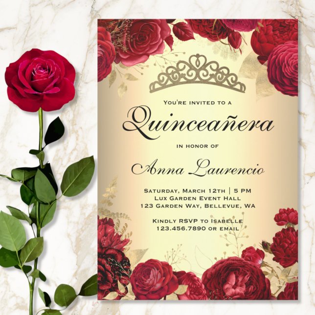 Red Roses Gold Quinceanera Invitation