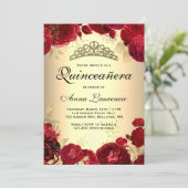 Red Roses Gold Quinceanera Invitation (Standing Front)