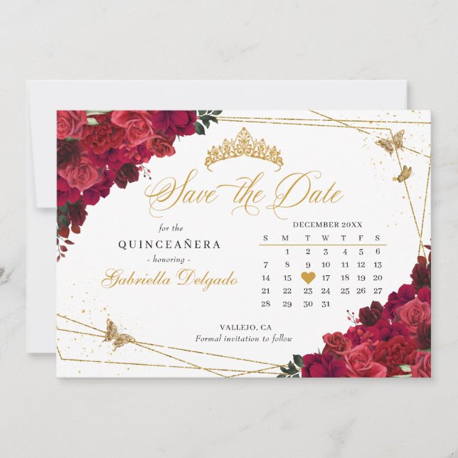 Red Roses & Gold Quinceañera Save The Date Invitation (Front)