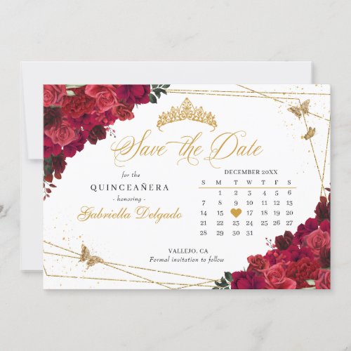 Red Roses  Gold Quinceaera Save The Date Invitation