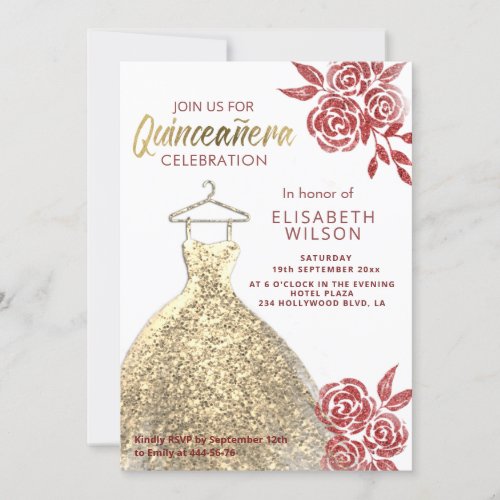 Red roses gold sequins dress Quinceaera Invitation