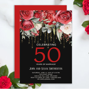 Red Roses Gold String Light Black 50th Anniversary Invitation