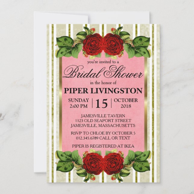 Red Roses Gold Stripes Bridal Shower Invitations (Front)