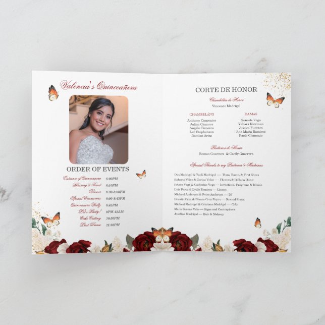 Red Roses Gold Tiara Butterfly Quinceanera Program (Inside)