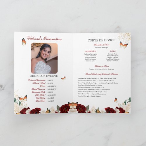 Red Roses Gold Tiara Butterfly Quinceanera Program