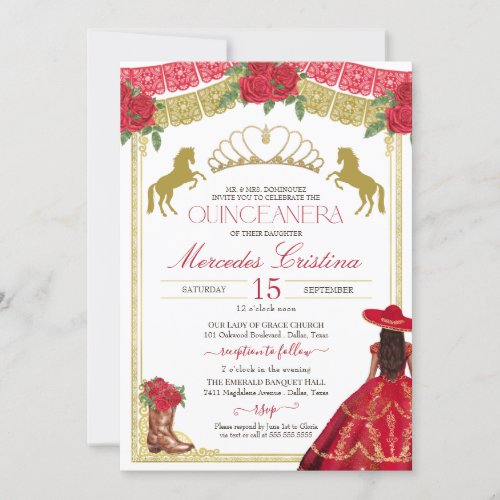 Red Roses  Gold Western Charro Dress Quinceaera Invitation