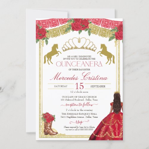 Red Roses  Gold Western Charro Dress Quinceaera  Invitation