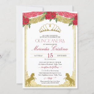 Red Roses & Gold Western Charro Horses Quinceañera Invitation