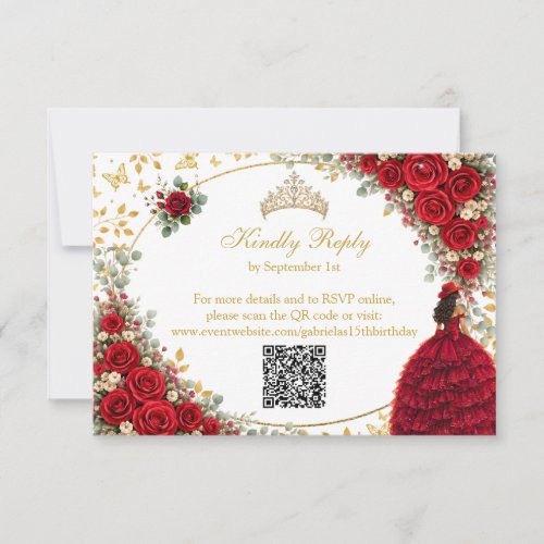 Red Roses Golden Butterflies Quinceañera RSVP Card