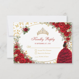 Red Roses Golden Butterflies Quinceañera RSVP Card