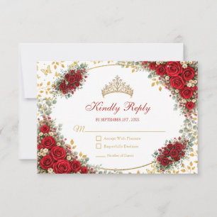 Red Roses Golden Butterflies Quinceañera RSVP Card