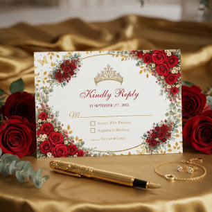 Red Roses Golden Butterflies Quinceañera RSVP Card