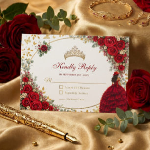 Red Roses Golden Butterflies Quinceañera RSVP Card