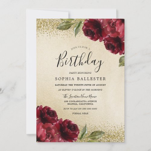 Red Roses Golden Glitter Birthday Party Invitation