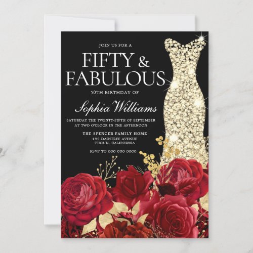 Red Roses Golden Gown Black 50th Birthday Party Invitation