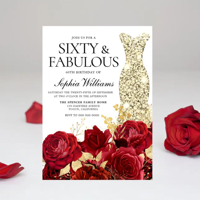 Red Roses Golden Gown Dress 60th Birthday Party Invitation Zazzle