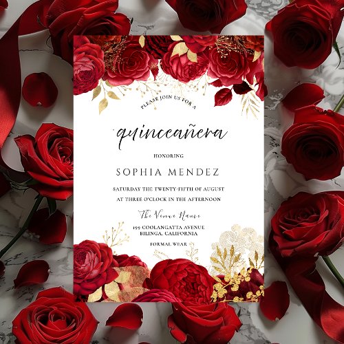  Red Roses Golden leaf Quinceanera Party Invitation