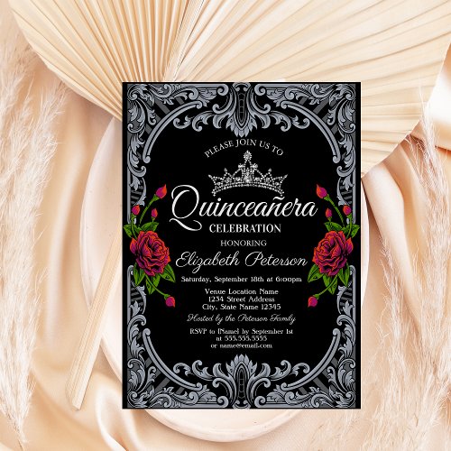 Red Roses Gothic Black Stripes Quinceaera  Invitation