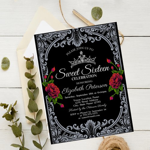 Red Roses Gothic Black Stripes Sweet 16 Invitation