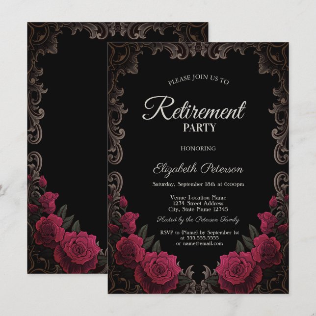 Red Roses Gothic Frame Black Retirement Party Invitation (Front/Back)