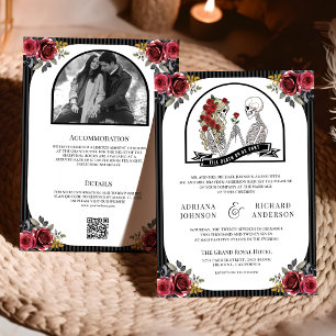 Red Roses Gothic Skeleton Couple QR Code Wedding Invitation
