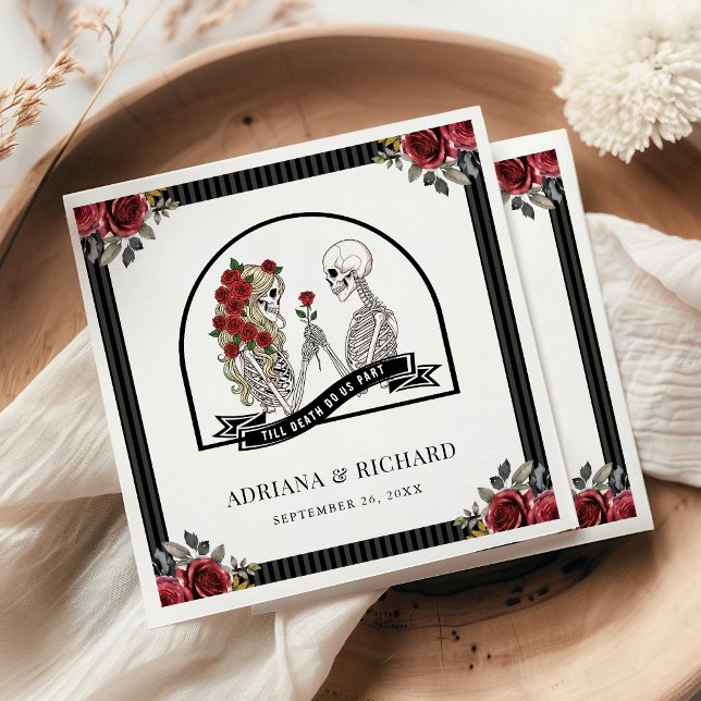 Red Roses Gothic Skeleton Couple Wedding Napkins (Creator Uploaded)