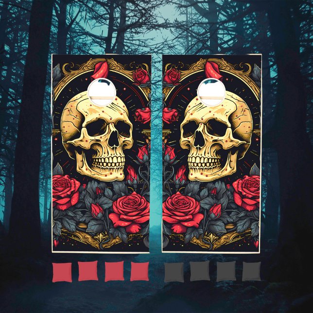Red Roses Gothic Skull Halloween  Cornhole Set (Skull and Roses Cornhole Set Ready for your Halloween Party or any time of year. )