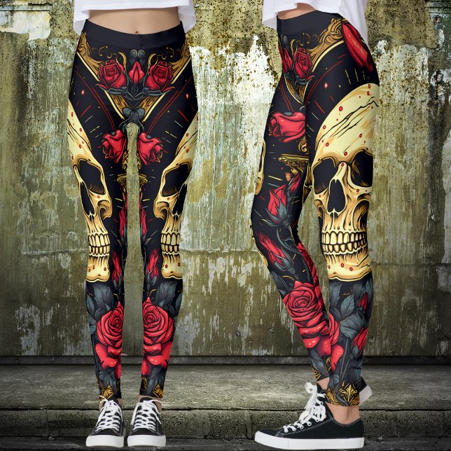 Red Roses Gothic Skull Halloween Yoga  Leggings (Tattoo Skull and Roses Yoga Leggings Set the Mood for Halloween or any time of year.)