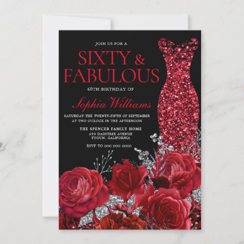 Red Roses  Gown Black 60th Birthday Party  Invitation