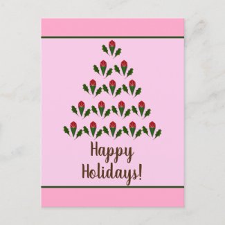 Red Roses & Green Holly Christmas Tree Art, Pink