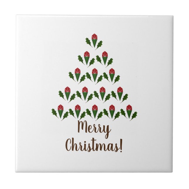 Red Roses & Green Holly Christmas Tree Christmas Ceramic Tile (Front)