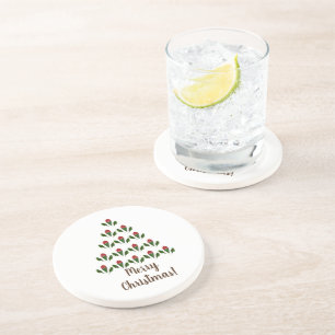 Red Roses & Green Holly Christmas Tree Christmas Coaster