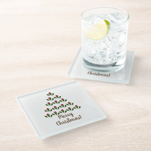 Red Roses & Green Holly Christmas Tree Christmas Glass Coaster