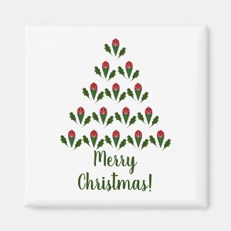 Red Roses & Green Holly Christmas Tree Christmas