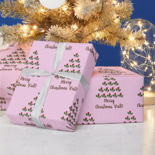 Red Roses Green Holly Christmas Tree & Wish, Pink Wrapping Paper