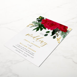 Red Roses & Green Leaf Wedding Gold Foil Foil Invitation