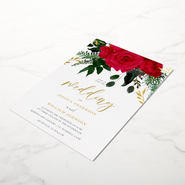 Red Roses & Green Leaf Wedding Gold Foil Invitation (Rotated)
