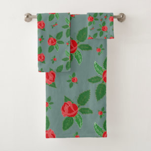 Red Roses Green Leaves Flowers Pattern Bath Towel Set