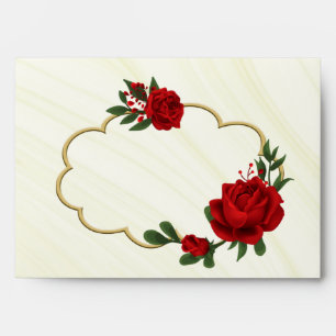 red roses green leaves pale gold marble envelope