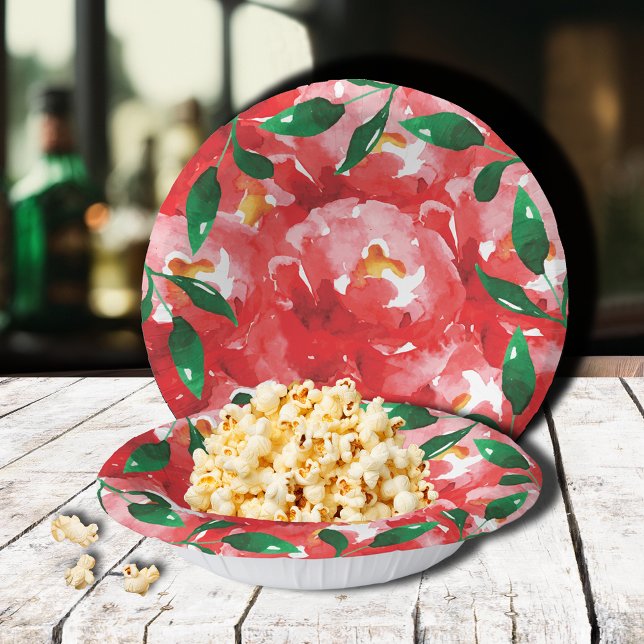 Red Roses Green Leaves Paper Bowls (Red roses floral collage paper bowls)