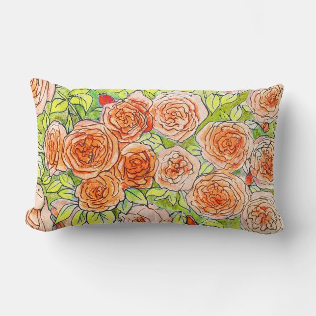 Red Roses, Green Leaves Rose Garden Floral Sketch  Lumbar Pillow (Front)