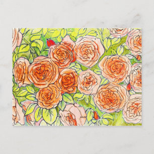 Red Roses, Green Leaves Rose Garden Floral Sketch Postcard